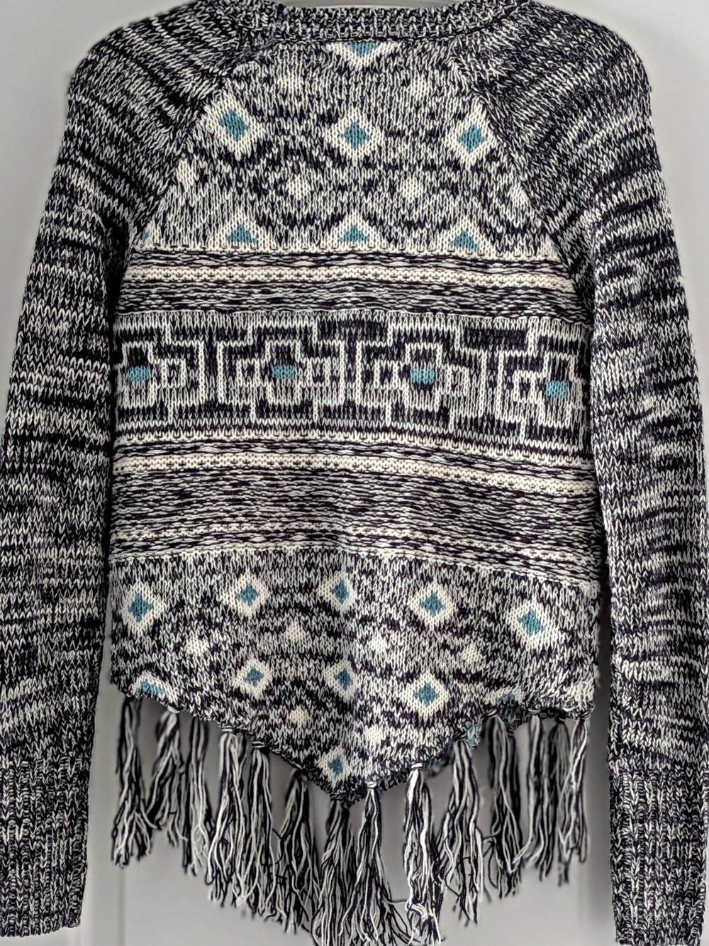 Women's Hollister Aztec Fringe Sweater Small - Boho Marled Knit Teal Navy Cream